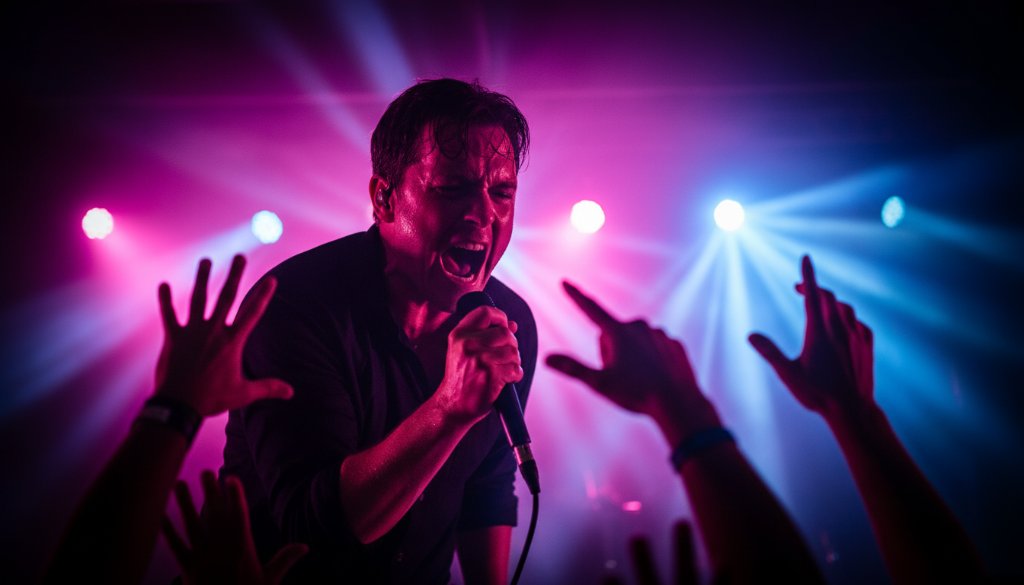 An electrifying close-up of a guitarist mid-solo on stage, bathed in dramatic red and blue stage lights, capturing the raw energy of Brighton East live music photography expertise at a local venue.