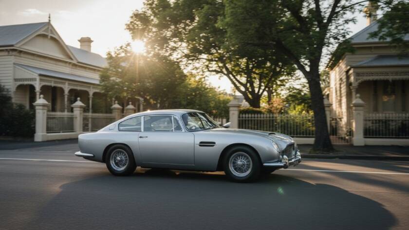 A dramatic wide-angle shot capturing a vintage luxury sports car in motion at sunset along the tree-lined streets of Brighton East, casting long shadows, highlighting its sleek contours with golden hour light, for Brighton East luxury car photography for collectors.