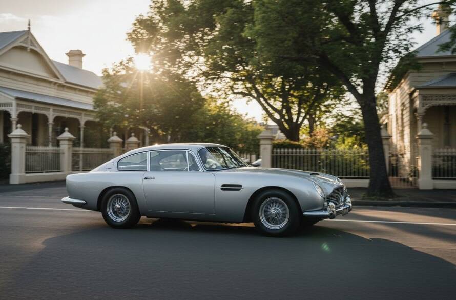 A dramatic wide-angle shot capturing a vintage luxury sports car in motion at sunset along the tree-lined streets of Brighton East, casting long shadows, highlighting its sleek contours with golden hour light, for Brighton East luxury car photography for collectors.