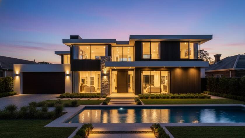 Dramatic twilight shot showcasing a stunning luxury home in Brighton East, highlighting its architectural beauty and outdoor living spaces with exquisite lighting, embodying Brighton East Luxury Real Estate Photography Expertise.