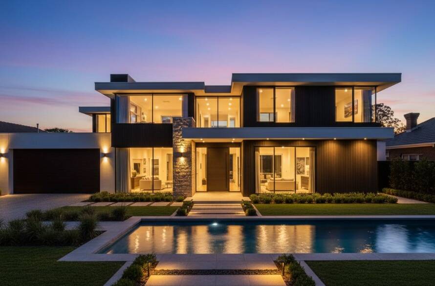Dramatic twilight shot showcasing a stunning luxury home in Brighton East, highlighting its architectural beauty and outdoor living spaces with exquisite lighting, embodying Brighton East Luxury Real Estate Photography Expertise.