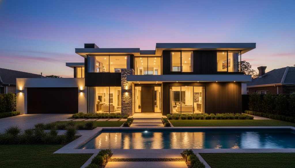 Dramatic twilight shot showcasing a stunning luxury home in Brighton East, highlighting its architectural beauty and outdoor living spaces with exquisite lighting, embodying Brighton East Luxury Real Estate Photography Expertise.