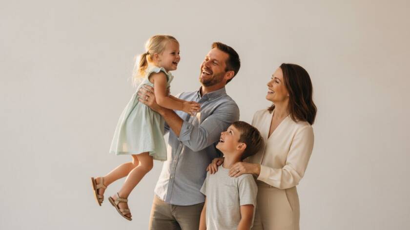 A heartwarming and dynamic family portrait, captured through Brighton East Studio Photography for Modern Family Portraits, showing genuine laughter and connection in a beautifully lit, modern studio setting, with family members embracing and looking joyfully at each other.