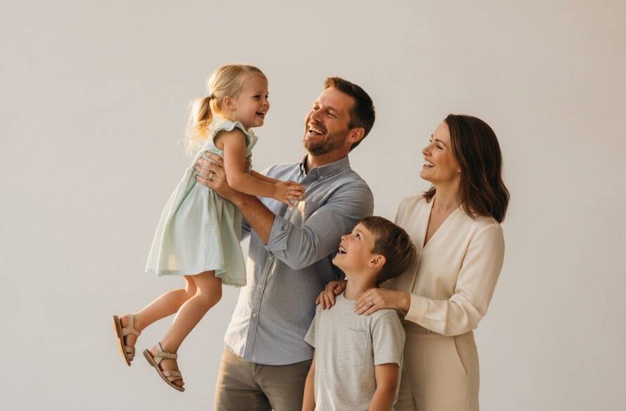 A heartwarming and dynamic family portrait, captured through Brighton East Studio Photography for Modern Family Portraits, showing genuine laughter and connection in a beautifully lit, modern studio setting, with family members embracing and looking joyfully at each other.