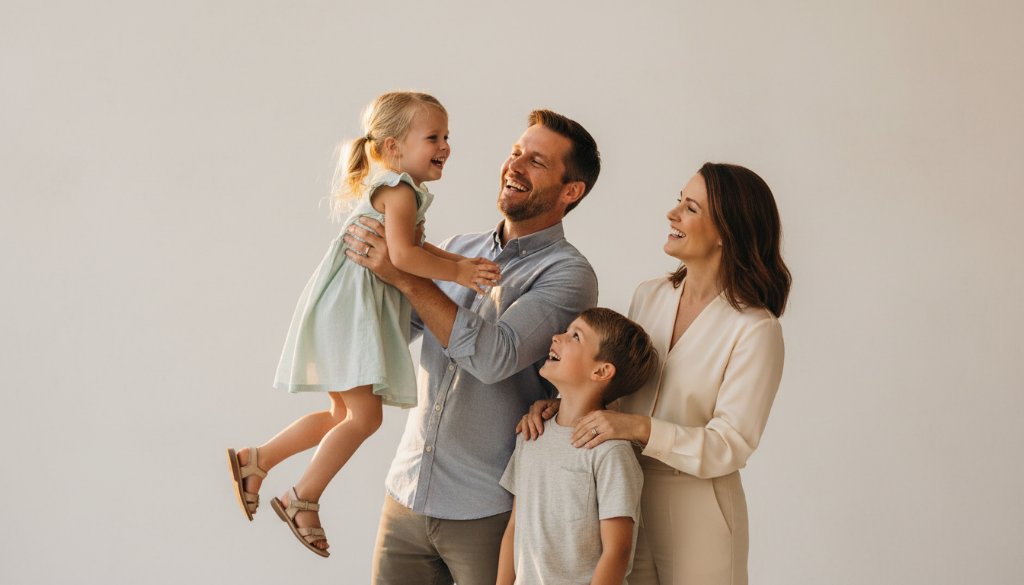 A heartwarming and dynamic family portrait, captured through Brighton East Studio Photography for Modern Family Portraits, showing genuine laughter and connection in a beautifully lit, modern studio setting, with family members embracing and looking joyfully at each other.