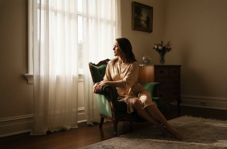 A stunning portrait embodying a Brighton East Victoria Boudoir Photography Confidence Boost, featuring a woman elegantly posed by a window with soft, dramatic natural light, showcasing her empowered and confident expression in a classic Brighton East home.