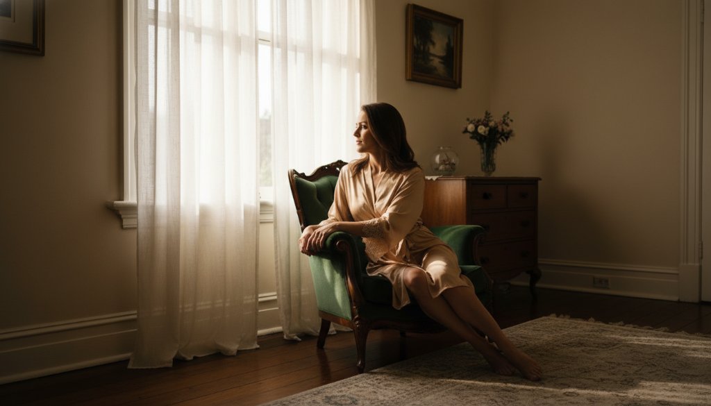 A stunning portrait embodying a Brighton East Victoria Boudoir Photography Confidence Boost, featuring a woman elegantly posed by a window with soft, dramatic natural light, showcasing her empowered and confident expression in a classic Brighton East home.
