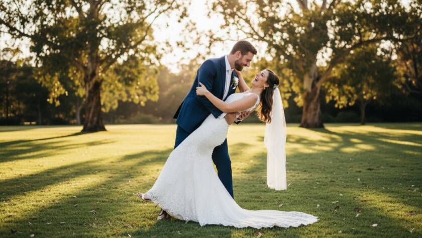 A captivating wide-angle photograph highlighting Brighton East Victoria wedding photography candid moments, featuring a newly married couple laughing joyfully as the groom dips the bride on a sun-dappled lawn of a historic estate, bathed in golden hour light, reflecting pure romantic bliss.