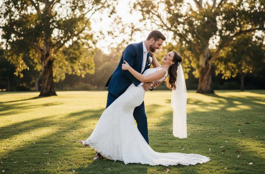 A captivating wide-angle photograph highlighting Brighton East Victoria wedding photography candid moments, featuring a newly married couple laughing joyfully as the groom dips the bride on a sun-dappled lawn of a historic estate, bathed in golden hour light, reflecting pure romantic bliss.