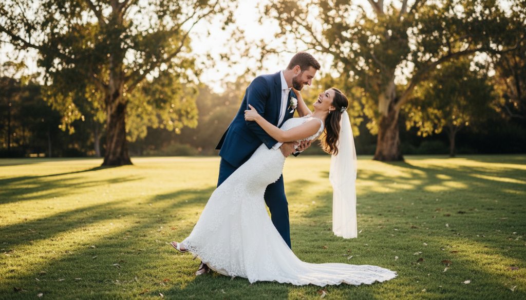 A captivating wide-angle photograph highlighting Brighton East Victoria wedding photography candid moments, featuring a newly married couple laughing joyfully as the groom dips the bride on a sun-dappled lawn of a historic estate, bathed in golden hour light, reflecting pure romantic bliss.
