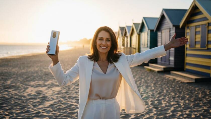 A powerful Brighton Editorial Photography Storytelling image of a stylish entrepreneur confidently presenting a new product launch against the backdrop of Brighton Beach, capturing an epic moment with dramatic lighting and professional colour grading.