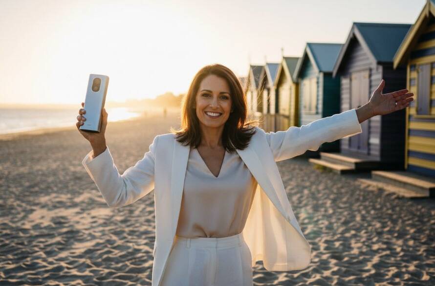 A powerful Brighton Editorial Photography Storytelling image of a stylish entrepreneur confidently presenting a new product launch against the backdrop of Brighton Beach, capturing an epic moment with dramatic lighting and professional colour grading.