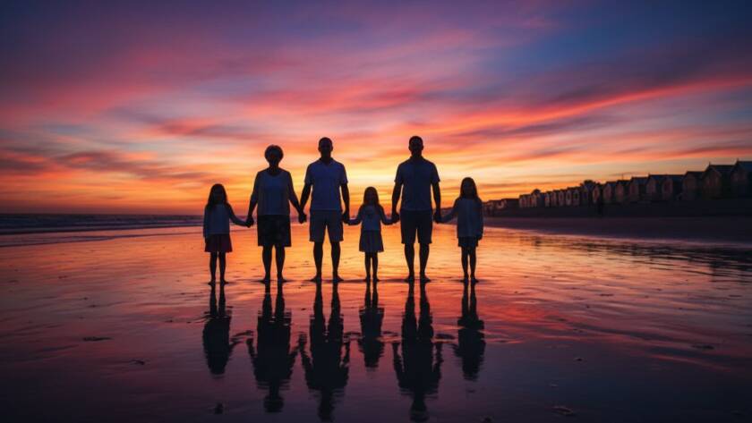 An emotionally resonant Brighton fine art photography timeless portraits image of a family silhouetted against a dramatic sunset at Dendy Street Beach, with the iconic Brighton Bathing Boxes in the background, showcasing an epic, professionally lit and colour-graded scene.