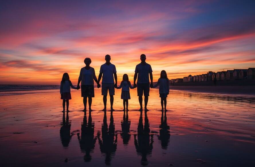 An emotionally resonant Brighton fine art photography timeless portraits image of a family silhouetted against a dramatic sunset at Dendy Street Beach, with the iconic Brighton Bathing Boxes in the background, showcasing an epic, professionally lit and colour-graded scene.
