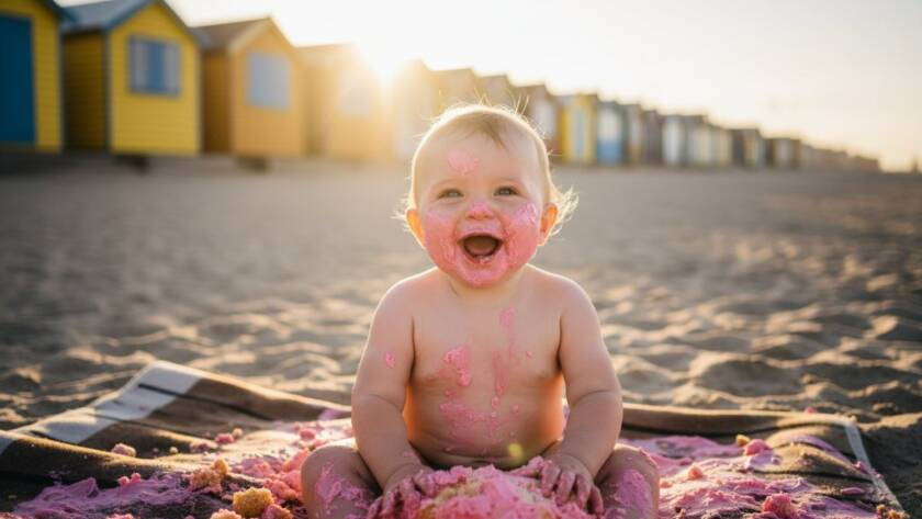 An epic moment captured during a Brighton first birthday cake smash photography experience, featuring a joyous baby covered in cake, backdropped by the iconic Brighton Bathing Boxes at sunset, with dramatic golden hour lighting highlighting the child's delight and the colourful beach huts.