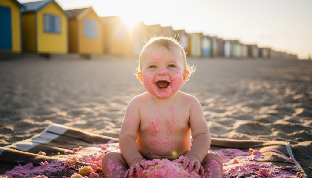 An epic moment captured during a Brighton first birthday cake smash photography experience, featuring a joyous baby covered in cake, backdropped by the iconic Brighton Bathing Boxes at sunset, with dramatic golden hour lighting highlighting the child's delight and the colourful beach huts.