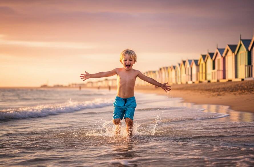 An epic, wide-angle shot of a child laughing joyfully as they run through the shallow waves at Brighton Beach, with the iconic colourful bathing boxes in the background, bathed in golden hour light, capturing a Brighton kids photographer candid moments style.
