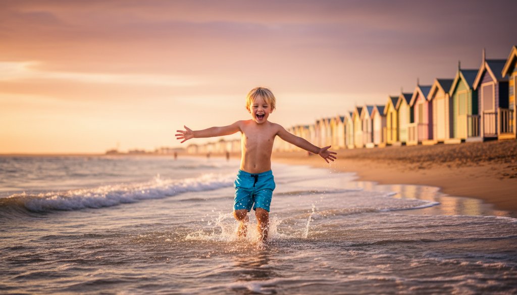 An epic, wide-angle shot of a child laughing joyfully as they run through the shallow waves at Brighton Beach, with the iconic colourful bathing boxes in the background, bathed in golden hour light, capturing a Brighton kids photographer candid moments style.
