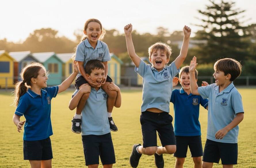 A vibrant and joyful 'epic moment' photograph of Brighton school students celebrating after a sports day event near Dendy Street Beach, featuring a diverse group of children laughing and high-fiving in motion, with the iconic Brighton bathing boxes subtly blurred in the background, captured with dramatic golden hour lighting and professional colour grading, perfectly embodying Brighton school photography capturing genuine student moments.