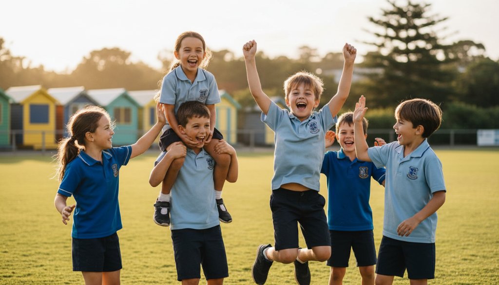 A vibrant and joyful 'epic moment' photograph of Brighton school students celebrating after a sports day event near Dendy Street Beach, featuring a diverse group of children laughing and high-fiving in motion, with the iconic Brighton bathing boxes subtly blurred in the background, captured with dramatic golden hour lighting and professional colour grading, perfectly embodying Brighton school photography capturing genuine student moments.