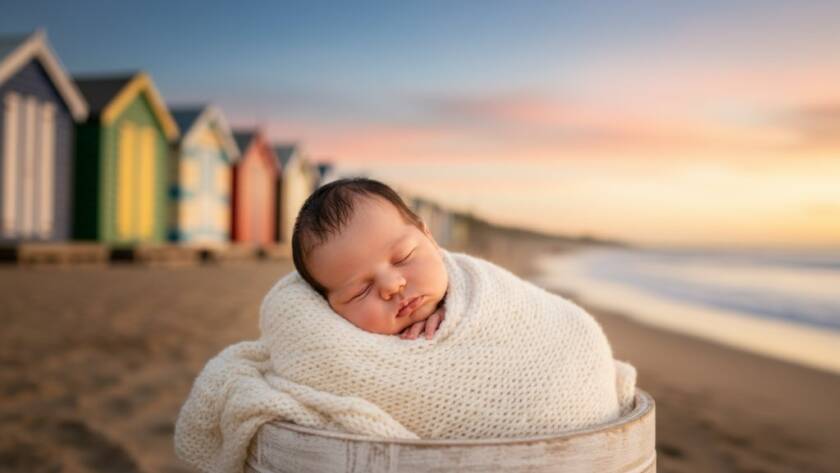 A heartwarming and artistic photograph capturing a newborn baby peacefully sleeping on a soft, natural blanket near the iconic colourful bathing boxes of Brighton Beach, bathed in a soft, golden hour light, reflecting the magic of a Brighton Victoria artistic baby photoshoot.