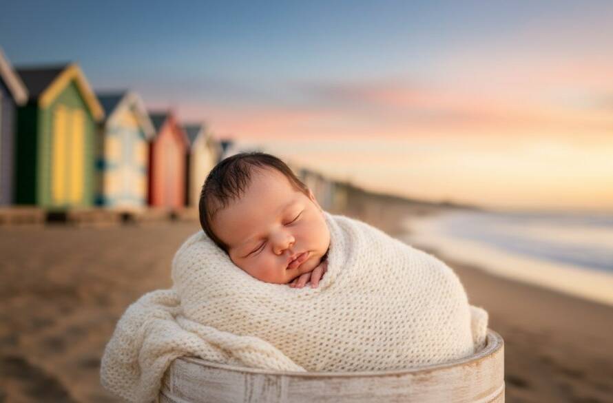 A heartwarming and artistic photograph capturing a newborn baby peacefully sleeping on a soft, natural blanket near the iconic colourful bathing boxes of Brighton Beach, bathed in a soft, golden hour light, reflecting the magic of a Brighton Victoria artistic baby photoshoot.