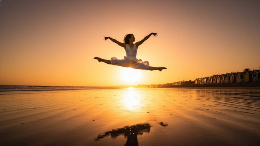 A contemporary dancer performing a breathtaking leap against the vibrant backdrop of Brighton Beach at sunset, showcasing dynamic motion and artistic expression, perfect for Brighton Victoria Bayside Dance Photography.