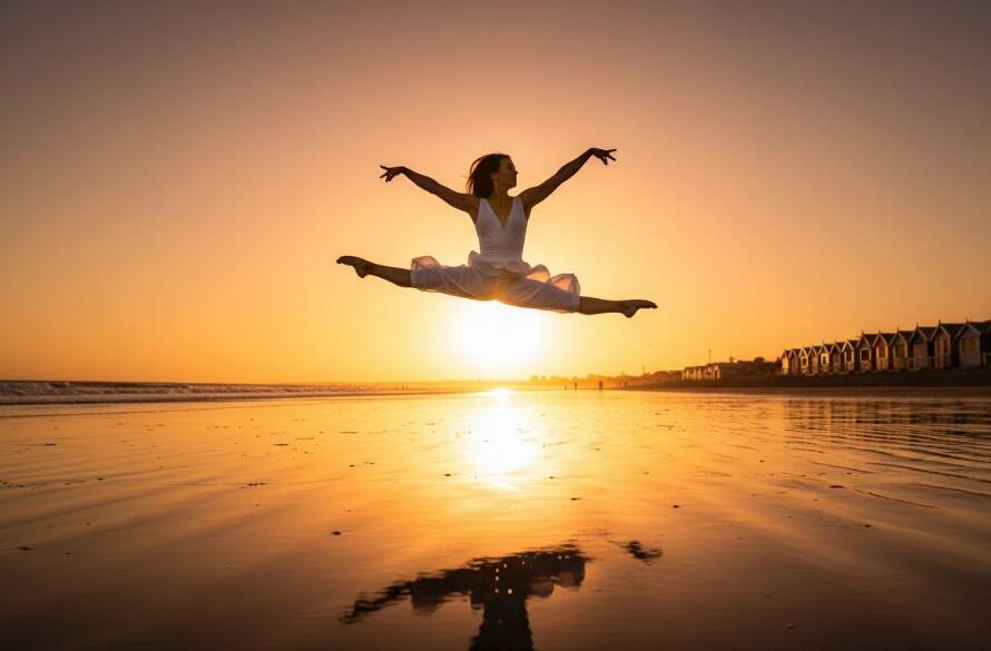 A contemporary dancer performing a breathtaking leap against the vibrant backdrop of Brighton Beach at sunset, showcasing dynamic motion and artistic expression, perfect for Brighton Victoria Bayside Dance Photography.