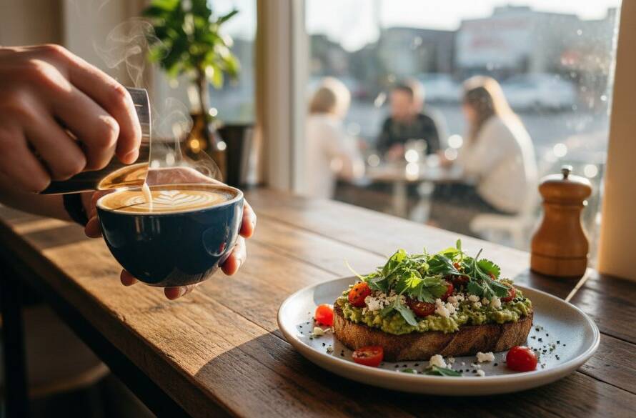 An epic moment shot of perfectly styled artisan coffee and a gourmet pastry on a rustic table outside a bustling Brighton Victoria cafe, bathed in warm morning light, showcasing exquisite Brighton Victoria cafe food photography styling.