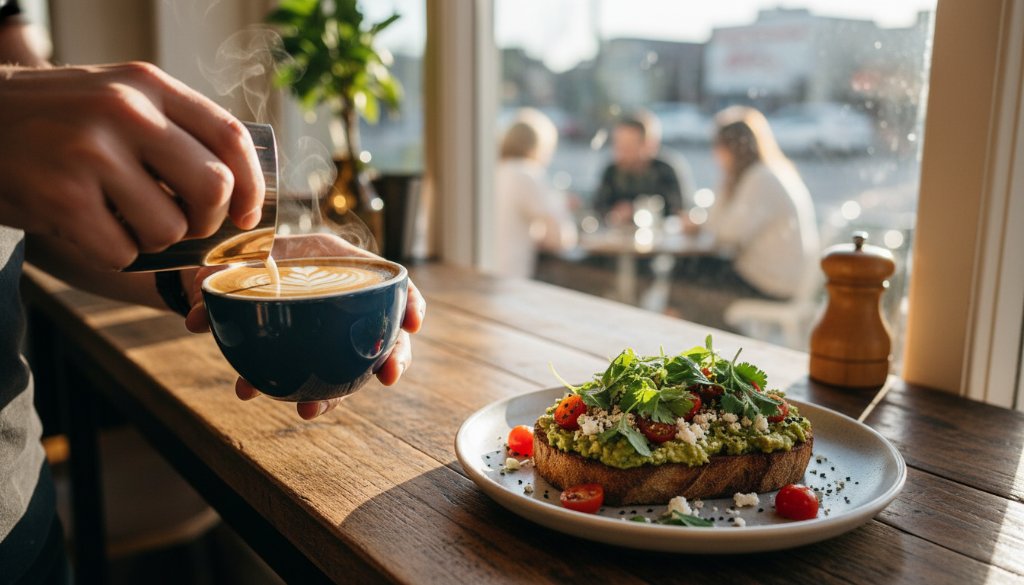 An epic moment shot of perfectly styled artisan coffee and a gourmet pastry on a rustic table outside a bustling Brighton Victoria cafe, bathed in warm morning light, showcasing exquisite Brighton Victoria cafe food photography styling.