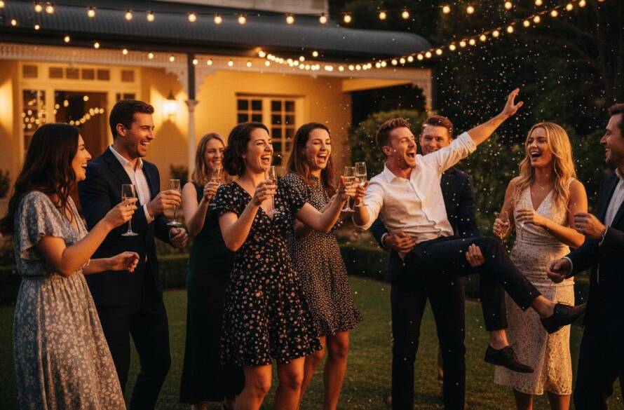 Brighton Victoria candid party photography capturing a joyful group of friends laughing and dancing under string lights at an outdoor evening party, with a vibrant, energetic atmosphere and professional colour grading.