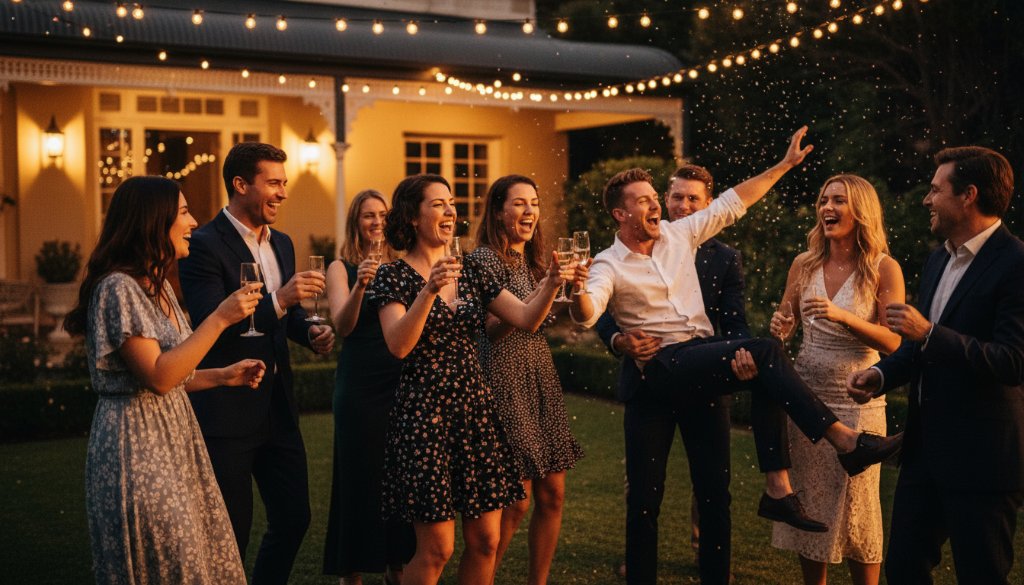 Brighton Victoria candid party photography capturing a joyful group of friends laughing and dancing under string lights at an outdoor evening party, with a vibrant, energetic atmosphere and professional colour grading.