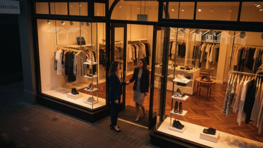 Dramatic shot of a local Brighton Victoria business owner, smiling confidently amidst their beautifully designed retail space, showcasing how commercial photography elevate brands, with the iconic Brighton Bathing Boxes visible through a window in the background, professional lighting and colour grading.