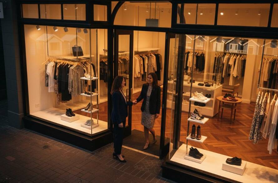 Dramatic shot of a local Brighton Victoria business owner, smiling confidently amidst their beautifully designed retail space, showcasing how commercial photography elevate brands, with the iconic Brighton Bathing Boxes visible through a window in the background, professional lighting and colour grading.