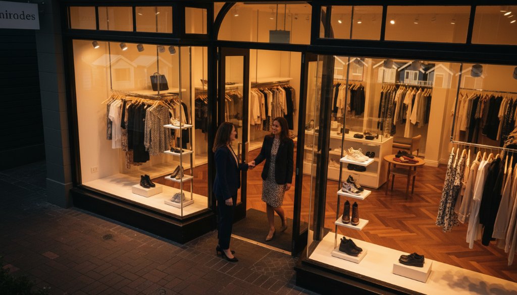 Dramatic shot of a local Brighton Victoria business owner, smiling confidently amidst their beautifully designed retail space, showcasing how commercial photography elevate brands, with the iconic Brighton Bathing Boxes visible through a window in the background, professional lighting and colour grading.