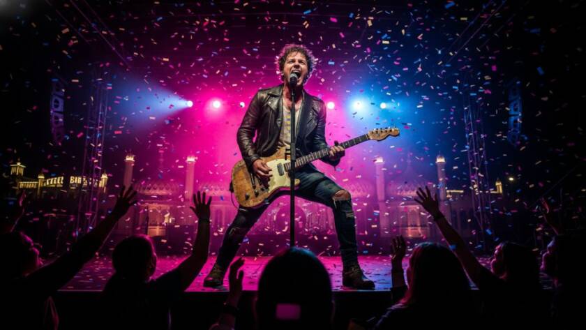 An epic moment captured by a Brighton Victoria concert photographer capturing dynamic live music, showing a lead singer mid-song under dramatic stage lights, with vibrant colours and a passionate crowd blurred in the background, conveying intense energy.