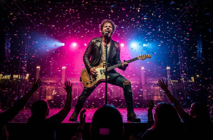 An epic moment captured by a Brighton Victoria concert photographer capturing dynamic live music, showing a lead singer mid-song under dramatic stage lights, with vibrant colours and a passionate crowd blurred in the background, conveying intense energy.