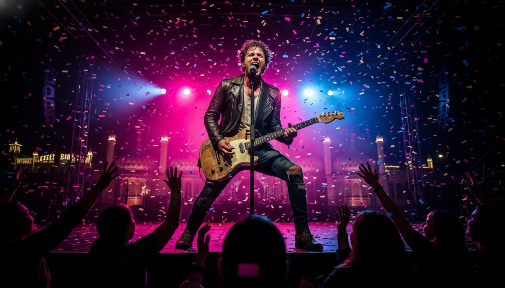 An epic moment captured by a Brighton Victoria concert photographer capturing dynamic live music, showing a lead singer mid-song under dramatic stage lights, with vibrant colours and a passionate crowd blurred in the background, conveying intense energy.