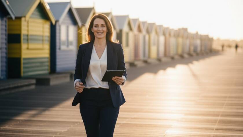 A dynamic, high-contrast photograph of a successful business professional smiling confidently on the Brighton foreshore with the iconic bathing boxes blurred in the background, showcasing expert Brighton Victoria corporate headshots for local professionals.