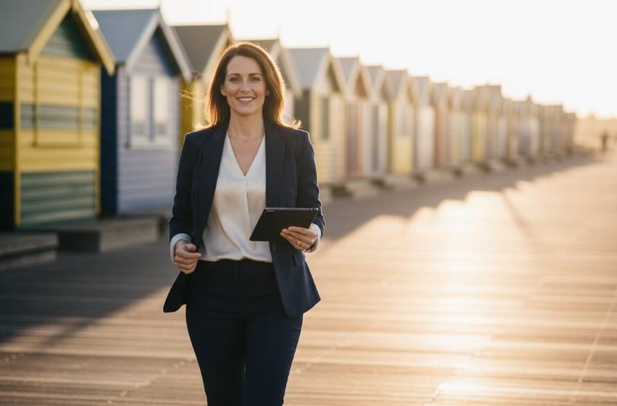 A dynamic, high-contrast photograph of a successful business professional smiling confidently on the Brighton foreshore with the iconic bathing boxes blurred in the background, showcasing expert Brighton Victoria corporate headshots for local professionals.