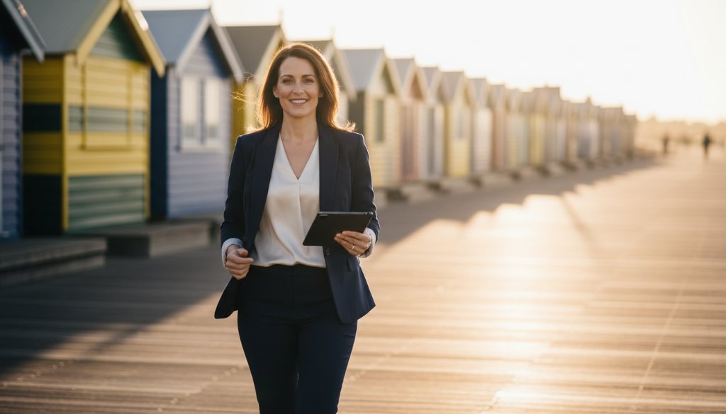 A dynamic, high-contrast photograph of a successful business professional smiling confidently on the Brighton foreshore with the iconic bathing boxes blurred in the background, showcasing expert Brighton Victoria corporate headshots for local professionals.