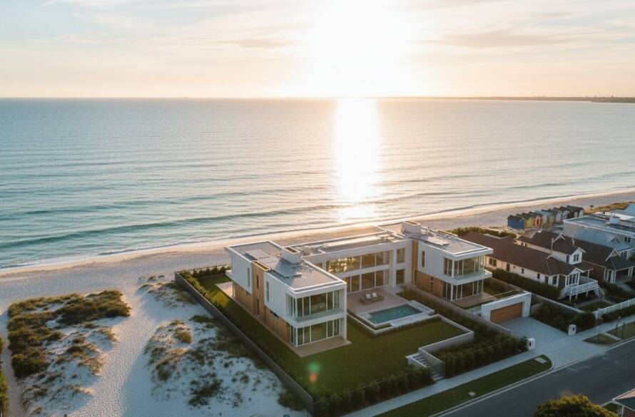 Dramatic aerial view of a luxurious coastal property in Brighton, Victoria, bathed in golden hour light, captured by professional Brighton Victoria drone photography for stunning coastal real estate.