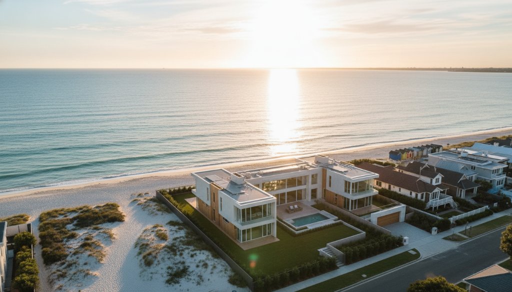 Dramatic aerial view of a luxurious coastal property in Brighton, Victoria, bathed in golden hour light, captured by professional Brighton Victoria drone photography for stunning coastal real estate.