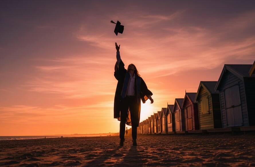 An epic moment captured: a jubilant graduate in their cap and gown, framed by the iconic Brighton Beach Boxes at sunset, radiating pride after their Brighton Victoria graduation photo experience.