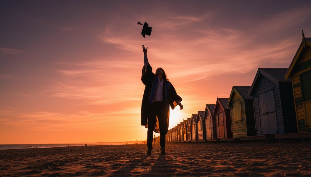 An epic moment captured: a jubilant graduate in their cap and gown, framed by the iconic Brighton Beach Boxes at sunset, radiating pride after their Brighton Victoria graduation photo experience.