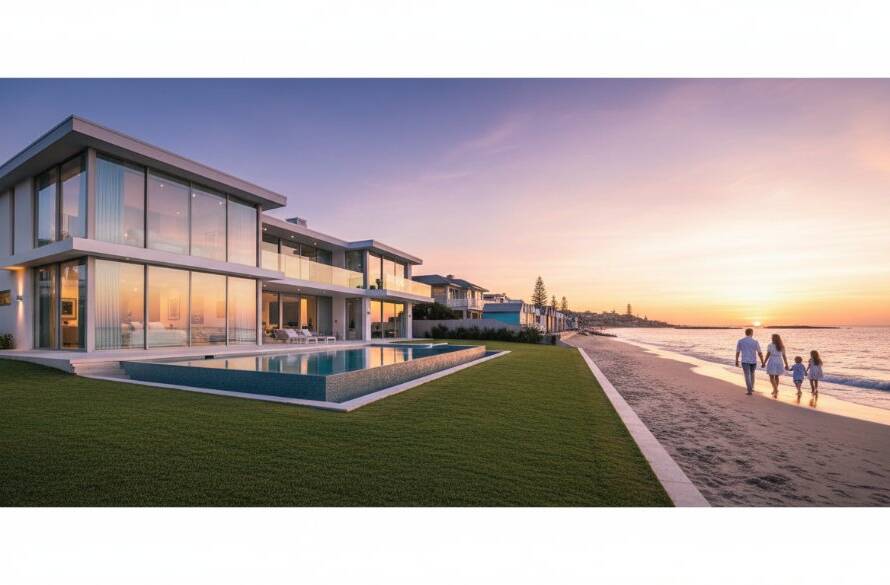 A stunning panoramic photograph showcasing Brighton Victoria luxury property photography, featuring a grand beachfront mansion bathed in golden hour light, reflecting in a perfectly still infinity pool, with families enjoying the nearby sandy beach and iconic Brighton Bathing Boxes in the distance, conveying aspirational Bayside living.