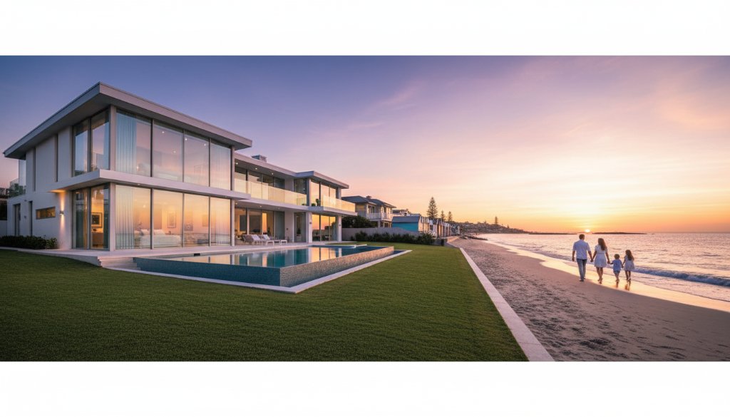 A stunning panoramic photograph showcasing Brighton Victoria luxury property photography, featuring a grand beachfront mansion bathed in golden hour light, reflecting in a perfectly still infinity pool, with families enjoying the nearby sandy beach and iconic Brighton Bathing Boxes in the distance, conveying aspirational Bayside living.