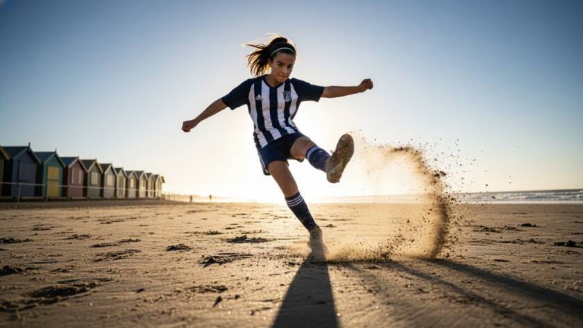 A professional photograph capturing an unforgettable, dramatic moment during a junior football match on Brighton Beach, showcasing the intense action and determination of a young athlete, perfect for Brighton Victoria Sports Photography Unforgettable Moments portfolio.