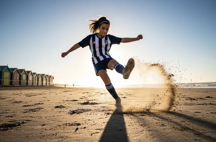 A professional photograph capturing an unforgettable, dramatic moment during a junior football match on Brighton Beach, showcasing the intense action and determination of a young athlete, perfect for Brighton Victoria Sports Photography Unforgettable Moments portfolio.