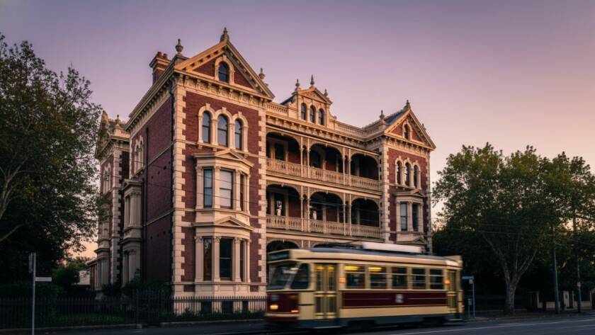 An epic, dramatically lit photograph showcasing intricate Victorian architecture in Brighton, Victoria, with a golden hour glow, perfectly illustrating Brighton Victorian architecture photography tips.